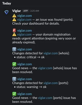 Example of a Viglar security alert in Slack